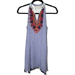 THML Women's XS Blue White Striped Mini Dress Embroidered‎ Neckline Tassels